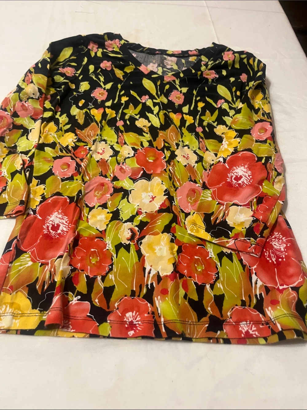 ErinLondon Colorful Floral Long Sleeve Top with Red, Yellow & Green Blooms